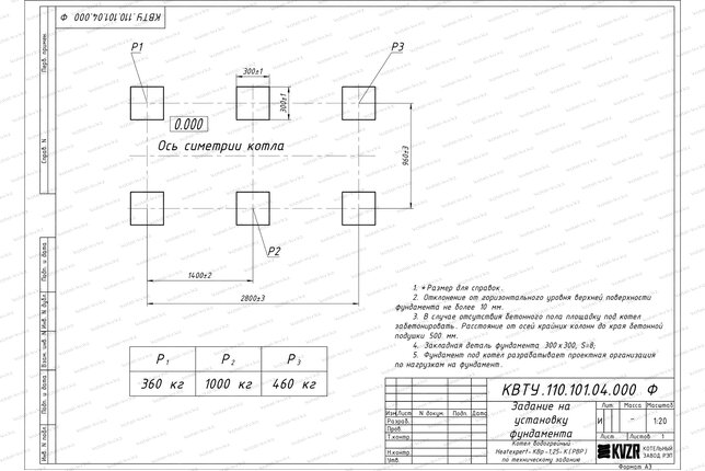 Чертеж изготовления фундамента котла КВр 1.25 с ОУР